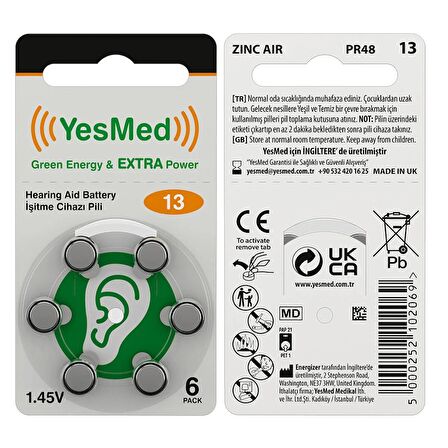 YesMed Extra Power 13 Numara İşitme Cihazı Pili (1 Paket = 6 Adet Pil)