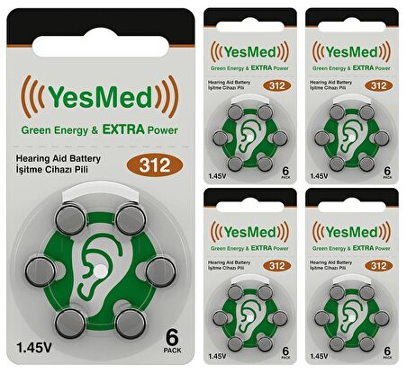 YesMed Extra Power 312 Numara İşitme Cihazı Pili (5 Paket x 6 Adet = 30 Adet Pil)