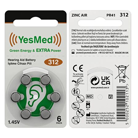 YesMed Extra Power 312 Numara İşitme Cihazı Pili (1 Paket = 6 Adet Pil)