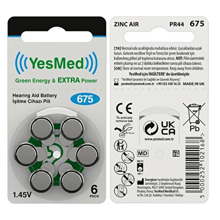 YesMed Extra Power 675 Numara İşitme Cihazı Pili (1 Paket = 6 Adet Pil)