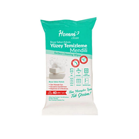HOMM CLEAN BEYAZ SABUN KOKULU YÜZEY TEMİZLEME MENDİLİ 40 ADET