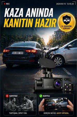 WiFi 1080p 3 Kameralı Araç İçi Kamera LCD Ekranlı Gece Görüşlü G Sensörlü Geniş Açılı