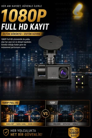 WiFi 1080p 3 Kameralı Araç İçi Kamera LCD Ekranlı Gece Görüşlü G Sensörlü Geniş Açılı