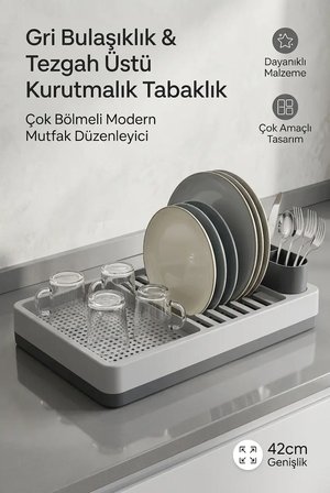Modern Kurutmalık Tabaklık Gri Tezgah Üstü Bulaşıklık Bardaklık Standı Mutfak