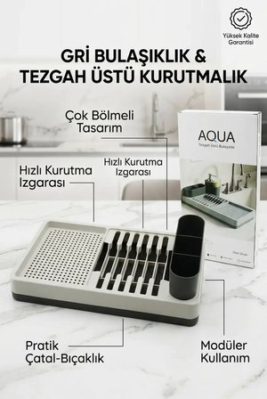 Drenajlı Gri Bulaşıklık Tezgah Üstü Tabak Bardak Kurutma Mutfak Düzenleyici