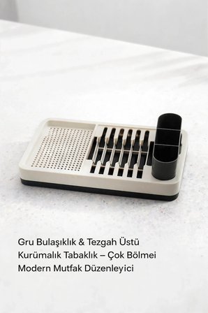 Gri Mutfak Bulaşıklığı Tezgah Üstü Tabaklık Bardaklık Kaşıklık Kurutma Standı