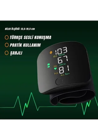 Türkçe Konuşan Şarjlı Bilekten Dijital Tansiyon ve Nabız Ölçüm Cihazı LCD Ekranlı