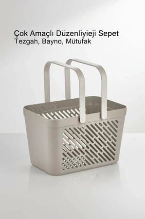 1'li Gri Çok Amaçlı Kulplu Sepet Mutfak Banyo Organizer Taşıma Sepeti
