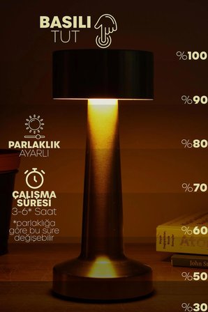 Gold Metal Dokunmatik Şarjlı Masa Lambası 3 Işık Parlaklık Ayarlı Gece Abajuru LED