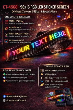 Eco Lounge 1 adet CATA CT 4568 Esnek Yapışkanl Matrix Led Panel 96X16 RGB