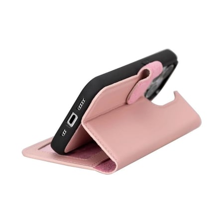 Apple iPhone 15 Pro Uyumlu Deri Cüzdanlı Kılıf MWWN NU2 Pembe