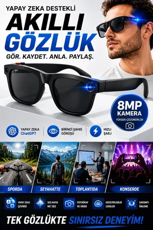 Yapay Zeka Çevirili 8MP Kameralı Akıllı Gözlük Birinci Şahıs Görüşü ve Hızlı Şarjlı
