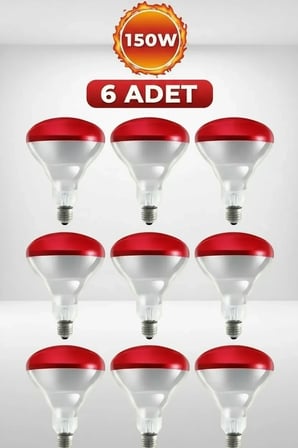(6 Adet) 150W Kızılötesi Isıtıcılı Hayvan Isıtma ve Kuluçka Lambası (Kırmızı Işık) E27 (Kalın Duy)