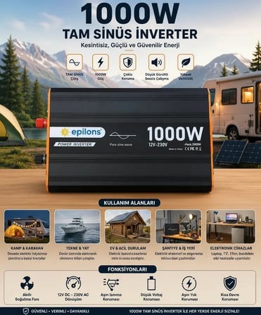 1000W Tam Sinüs İnverter 12V AC Çevirici | Sessiz Fanlı, USB Çıkışlı, Araç Karavan Tekne Solar Uyuml