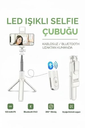 Led Işıklı Selfie Çubuğu Bluetooth Kumandalı Kablosuz Tripot Selfie Monopod Selfie Stick (Beyaz)