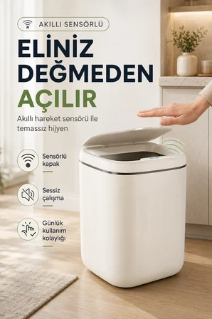 Akıllı Sensörlü 20 Litre Çöp Kovası Sessiz Kapaklı Modern Hijyenik Ev Tipi Çöp Kutusu
