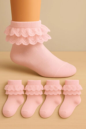 4 Çift Yumuşak Dantelli Dikişsiz Kız Çocuk Çorabı