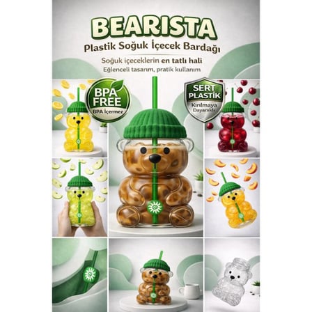 Delux Serisi Günlük Ayıcık Stil Bearista Plastik Soğuk İçecek Bardağı