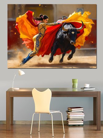 Kadın Matador Ve Boğa Dekoratif Kanvas - Mdf Ahşap Tablo