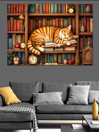 Kütüphane Ve Uyuyan Kedi Dekoratif Kanvas - Mdf Ahşap Tablo