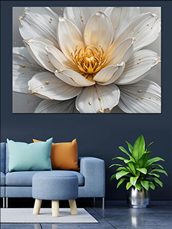 Altın Beyaz Lotus Çiçeği Dekoratif Kanvas - Mdf Ahşap Tablo