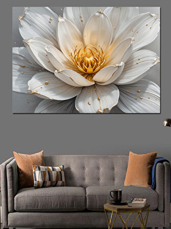 Altın Beyaz Lotus Çiçeği Dekoratif Kanvas - Mdf Ahşap Tablo