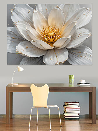 Altın Beyaz Lotus Çiçeği Dekoratif Kanvas - Mdf Ahşap Tablo