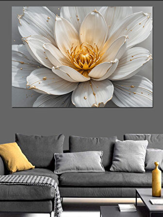 Altın Beyaz Lotus Çiçeği Dekoratif Kanvas - Mdf Ahşap Tablo