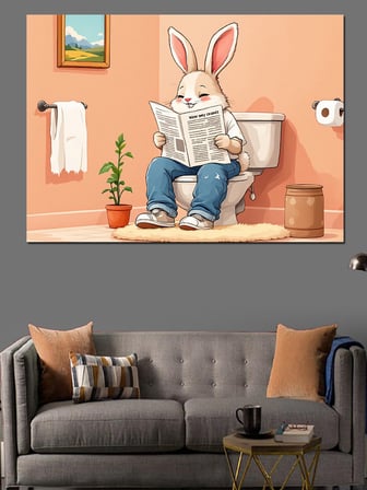 Tuvalette Tavşan Karikatürü Dekoratif Kanvas - Mdf Ahşap Tablo