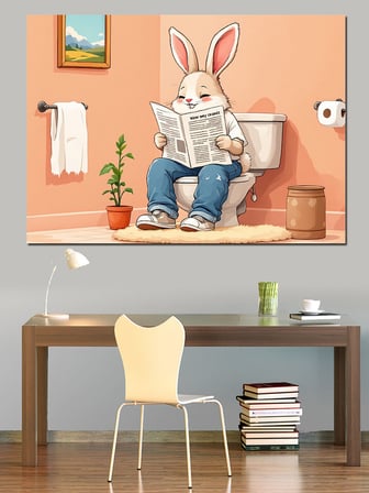 Tuvalette Tavşan Karikatürü Dekoratif Kanvas - Mdf Ahşap Tablo