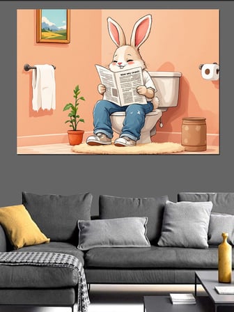 Tuvalette Tavşan Karikatürü Dekoratif Kanvas - Mdf Ahşap Tablo