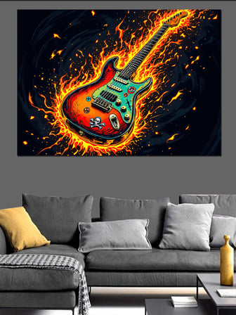 Alevler İçinde Elektro Gitar Dekoratif Kanvas - Mdf Ahşap Tablo