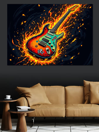 Alevler İçinde Elektro Gitar Dekoratif Kanvas - Mdf Ahşap Tablo