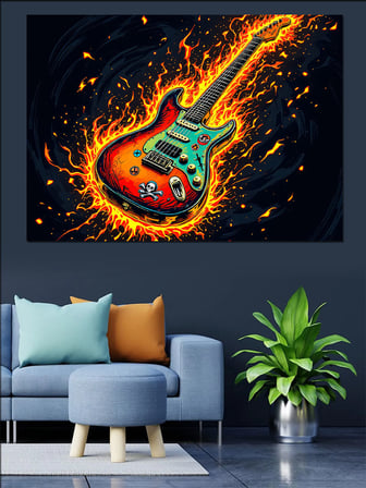 Alevler İçinde Elektro Gitar Dekoratif Kanvas - Mdf Ahşap Tablo