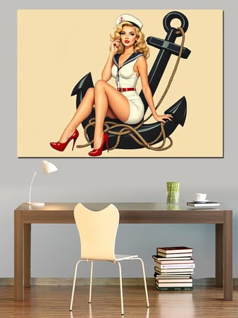 Çapaya Yaslanan Pin-Up Kadın Dekoratif Kanvas - Mdf Ahşap Tablo