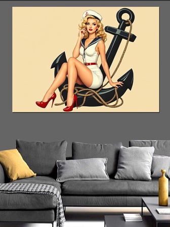 Çapaya Yaslanan Pin-Up Kadın Dekoratif Kanvas - Mdf Ahşap Tablo
