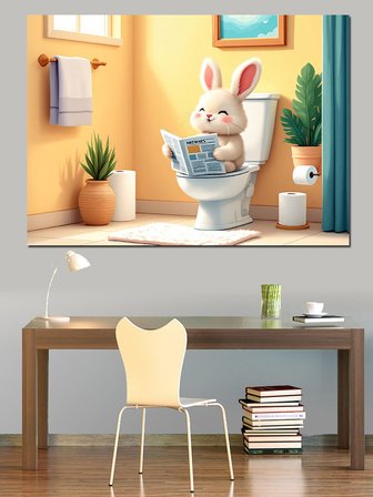 Tuvalette Kitap Okuyan Tavşan Dekoratif Kanvas - Mdf Ahşap Tablo