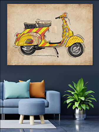 Sarı Retro Vespa Dekoratif Kanvas - Mdf Ahşap Tablo