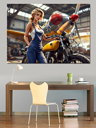 Sarı Motosikletli Kadın Dekoratif Kanvas - Mdf Ahşap Tablo