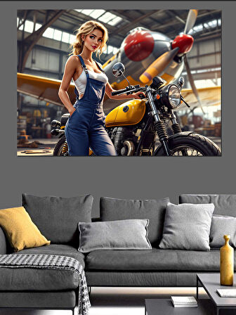 Sarı Motosikletli Kadın Dekoratif Kanvas - Mdf Ahşap Tablo