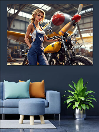Sarı Motosikletli Kadın Dekoratif Kanvas - Mdf Ahşap Tablo