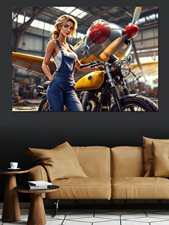 Sarı Motosikletli Kadın Dekoratif Kanvas - Mdf Ahşap Tablo