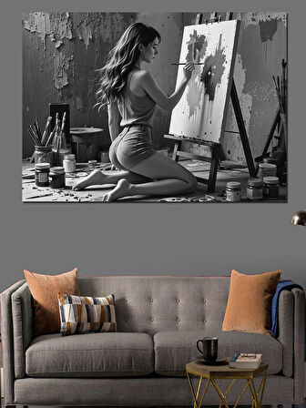 Tuval Başında Ressam Kadın Dekoratif Kanvas - Mdf Ahşap Tablo