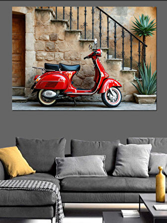 Tarihi Merdivende Kırmızı Vespa Dekoratif Kanvas - Mdf Ahşap Tablo