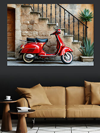 Tarihi Merdivende Kırmızı Vespa Dekoratif Kanvas - Mdf Ahşap Tablo