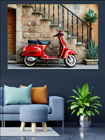 Tarihi Merdivende Kırmızı Vespa Dekoratif Kanvas - Mdf Ahşap Tablo