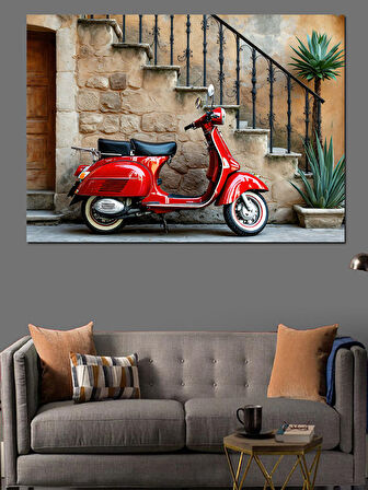 Tarihi Merdivende Kırmızı Vespa Dekoratif Kanvas - Mdf Ahşap Tablo