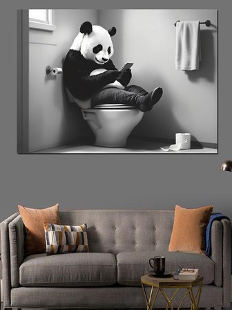Tuvalette Gazete Okuyan Panda Dekoratif Kanvas - Mdf Ahşap Tablo