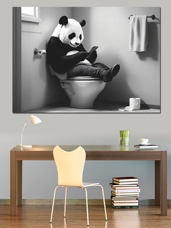Tuvalette Gazete Okuyan Panda Dekoratif Kanvas - Mdf Ahşap Tablo