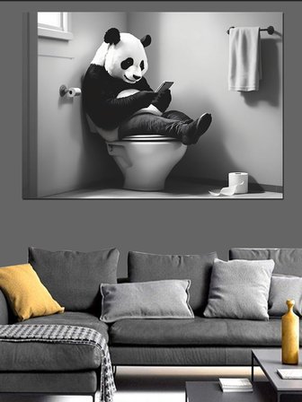Tuvalette Gazete Okuyan Panda Dekoratif Kanvas - Mdf Ahşap Tablo